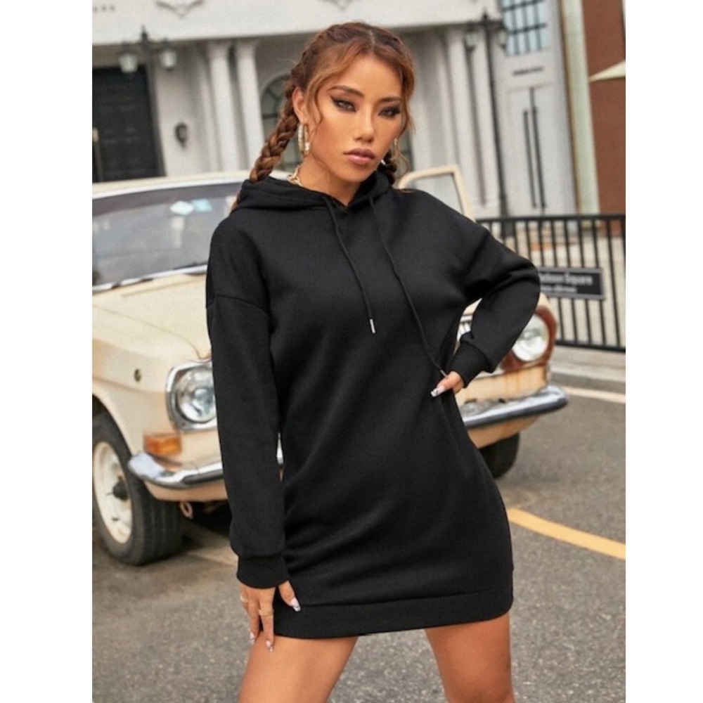 Black Drop Shoulder Drawstring Hooded Sweatshirt Dress